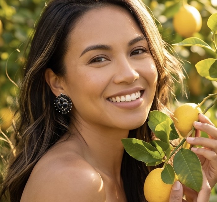 Giuseppina - Authentic 28.5 carat Sapphire rhodium over .925 Sterling Silver handcrafted Statement earrings - Woman wearing Giuseppina earrings, smiling with lemons around.