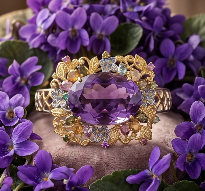 Marie Antoinette's Style - Authentic 41.9 carat African Amethyst .925 Sterling Silver dipped in 18K Gold handcrafted Bracelet - Close-up of amethyst bracelet with floral gold detailing, surrounded by violets.