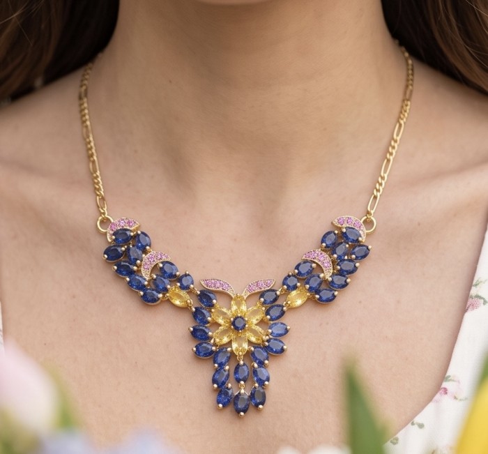 Luxurious Oval cut 10.5 carat Sapphire Yellow Sapphire 18K Gold over .925 Sterling Silver handcrafted necklace - Luxurious sapphire necklace worn, showcasing front view.