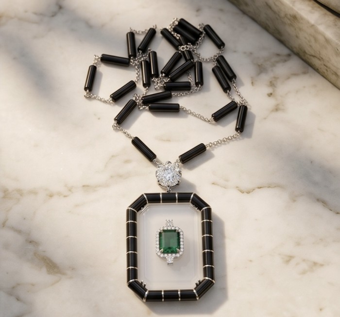 Art Deco - 10.4 carat Emerald Onyx rhodium over .925 Sterling Silver handmade Statement necklace; 32 inches long - Art Deco necklace with emerald and onyx, top view on marble surface