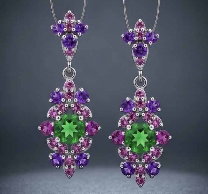 Royalty oval cut 3.2 carat Tsavorite Garnet .925 Sterling Silver entirely handmade earrings - Front view of ornate earrings with green, purple, and pink gemstones.