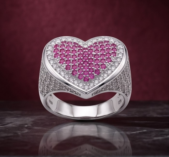 Angel's Heart Natural heart shape 1.7 carat Ruby .925 Sterling Silver dipped in rhodium handmade Statement Ring size 8 - Heart-shaped ruby ring, front view, silver band with diamonds