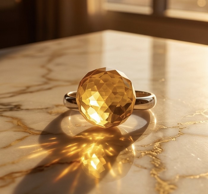 Modern Concept Golden Sphere - Natural faceted Baltic Amber 18K Gold over .925 Sterling Silver ring s. 8 - Golden sphere Baltic amber ring close-up on marble surface
