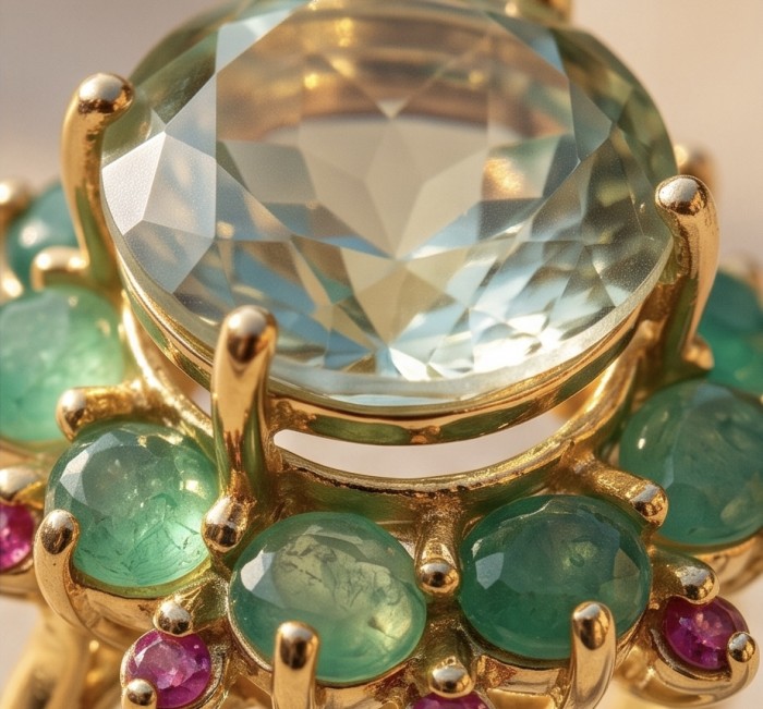 Isabel Authentic 18.7 carat Green Amethyst 22K Gold over .925 Sterling Silver handcrafted Statement Ring size 9 - Stone close-up of Isabel Authentic Green Amethyst with 22K Gold setting.