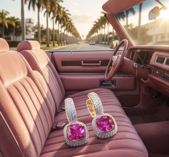 Giovanna - 6.8 carat Pink Sapphire 3.2 carat Moissanite .925 Sterling Silver dipped in 18K Gold handcrafted earrings - Giovanna earrings with pink sapphires on car seat, interior view.