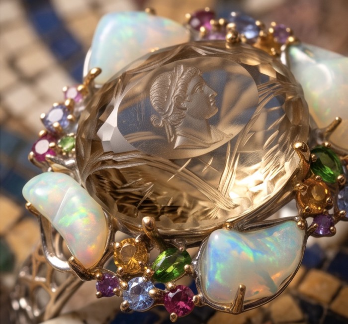Golden Symphony 59.8 carat Genuine Champagne Topaz Rough Opal 2 tones .925 Sterling Silver dipped in Rhodium handcrafted bracelet - Close-up of Golden Symphony ring with champagne topaz and opals.