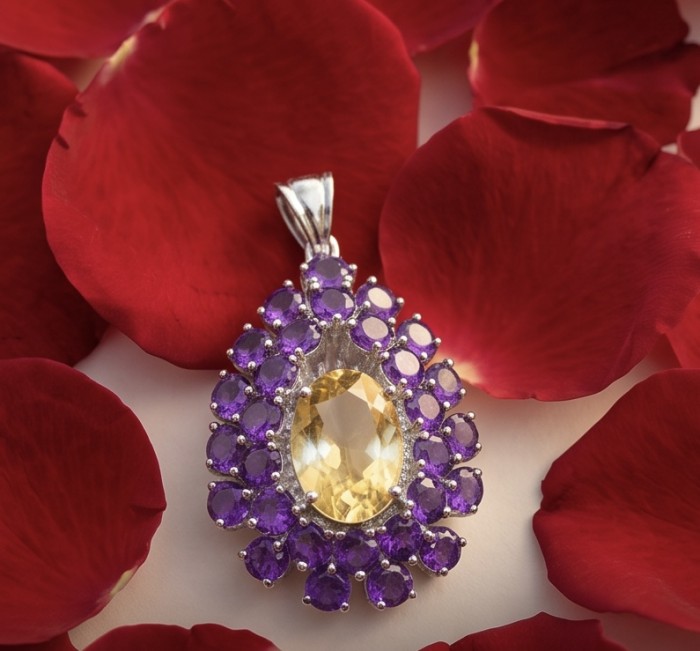 Timeless Beauty genuine 29.2 CARAT Citrine Amethyst .925 dipped in Rhodium Sterling Silver handmade Pendant - photo 2