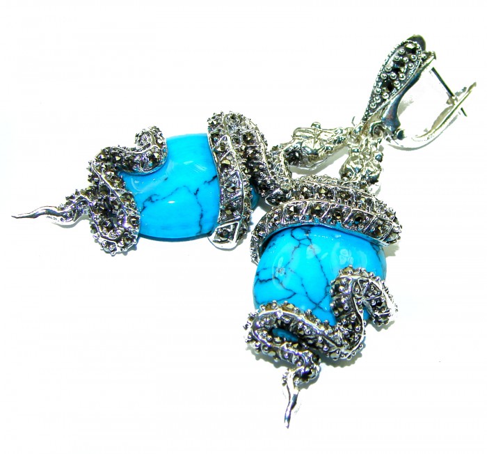 Great authentic Marcasite Turquoise .925 Sterling Silver handcrafted Earrings - photo 2