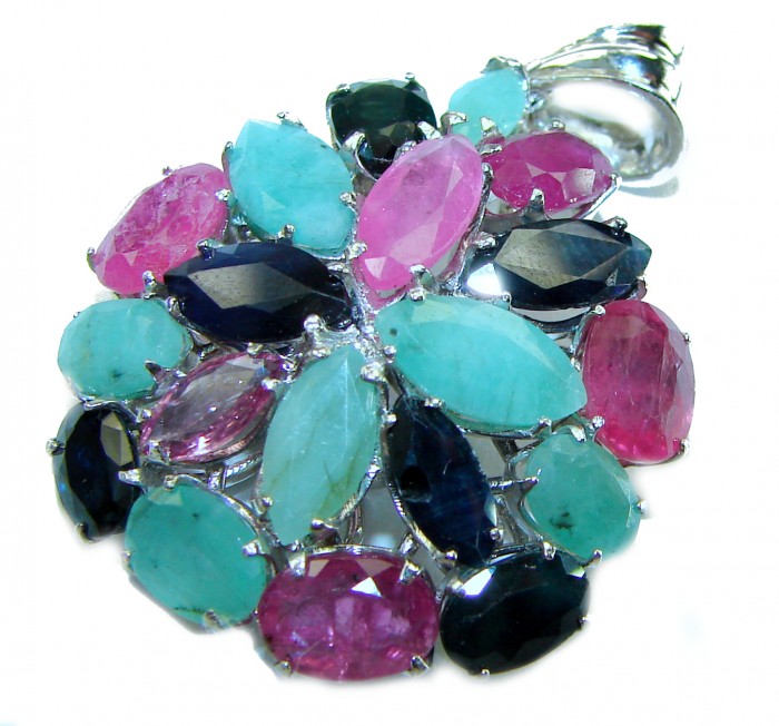 Precious Genuine 21.5 carat Emerald Ruby Sapphire .925 Sterling Silver handmade Pendant - Gemstone pendant with emerald, ruby, sapphire, top view.