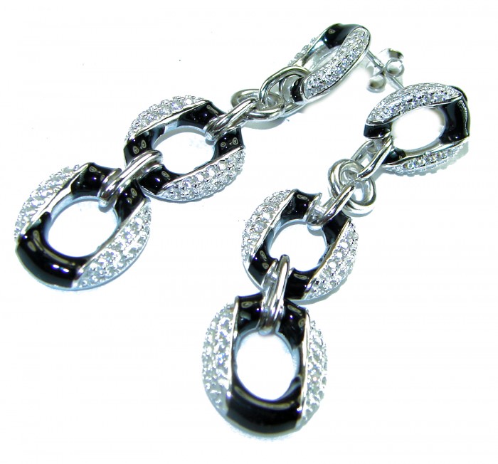 Vintage style authentic 7.5 carat Onyx White Topaz .925 Sterling Silver handcrafted earrings - Close-up of vintage onyx and white topaz drop earrings.
