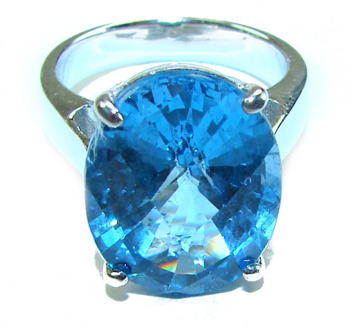 Purity 8.8 carat authentic Swiss Blue Topaz .925 Sterling Silver handmade Ring size 6 3/4 - Close-up of Swiss Blue Topaz ring in .925 Sterling Silver.
