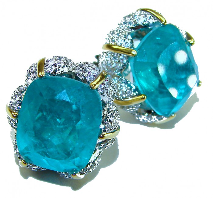 Wild Ocean baguette cut 27.5 carat Emerald 2 tones .925 Sterling Silver handmade Statement earrings - Close-up of Wild Ocean baguette cut emerald earrings with diamonds
