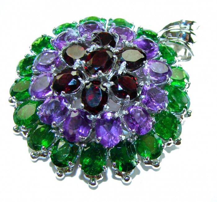 Power of Nature Very Unique 21.5 CARAT Multigem .925 Sterling Silver handcrafted pendant - Multigem brooch close-up showcasing vibrant colors and intricate design.