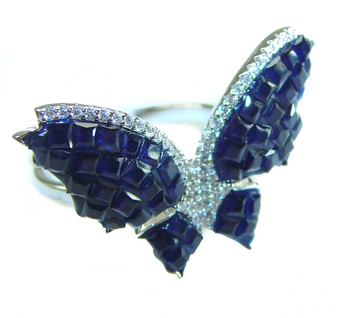Blue Butterfly Authentic 16.2 carat Sapphire .925 Sterling Silver handcrafted Ring size 8 - Top view of blue butterfly sapphire and sterling silver ring.