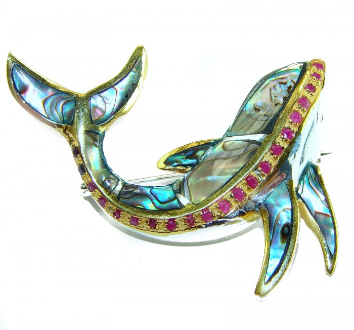 Dolphin Natural Rainbow Abalone Ruby .925 Sterling Silver handmade Pendant Brooch - Dolphin brooch side view with Abalone and Ruby inlay, gold accents