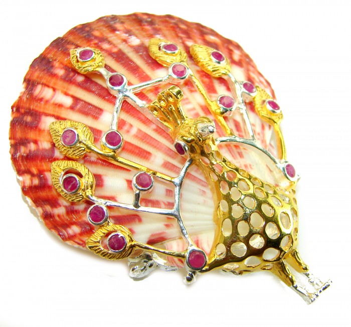 Greaceful Peacock Genuine Ocean Shell Ruby 14K Gold over .925 Sterling Silver handcrafted Pendant brooch - Peacock brooch on shell with rubies and gold detail, top view.