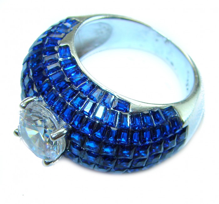 Precious Design oval cut 15.9 CARAT Sapphire White Topaz .925 Sterling Silver Statement Ring s. 6 - Side view of sapphire and white topaz ring showcasing details