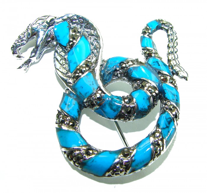 Cobra Snake inlay Turquoise .925 Sterling Silver handcrafted Brooch - Cobra snake turquoise inlay brooch, front view, handmade in .925 silver.
