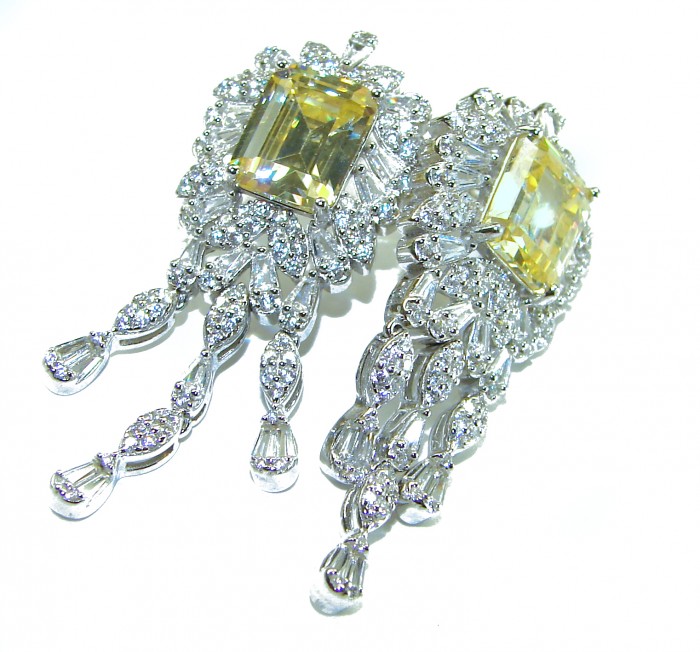 Vintage Beauty Authentic 22.5 carat Brazilian Citrine .925 Sterling Silver handcrafted earrings - Close-up of vintage earrings with Brazilian citrine and diamond accents.
