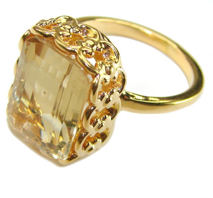 20.8 carat Genuine Lemon Quartz 14K Gold over .925 Sterling Silver handcrafted ring size 9 1/4 - Side view of 20.8 ct Lemon Quartz ring in 14K Gold over Sterling Silver