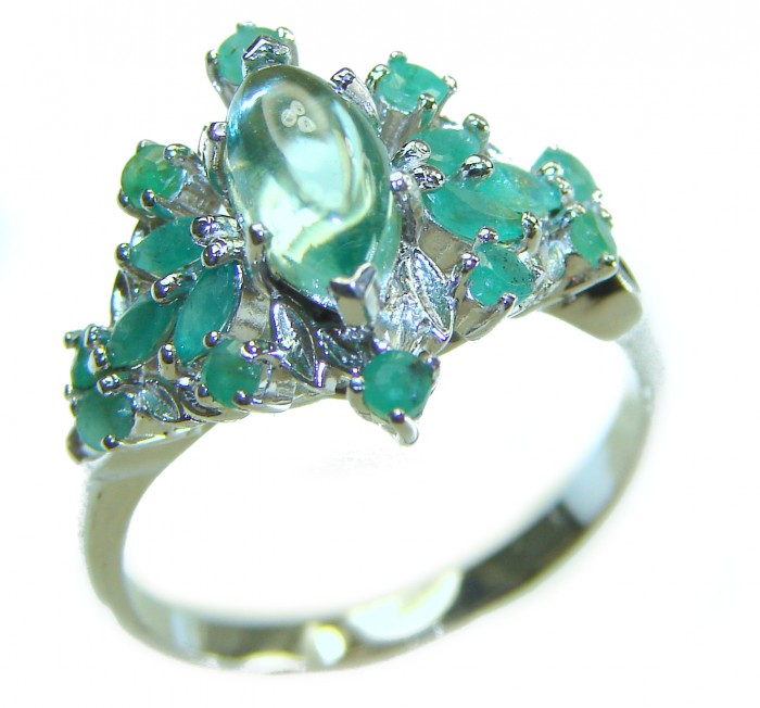 Emily 6.8 carat Swiss Aquamarine Emerald .925 Sterling Silver handmade Statement Ring size 9 1/4 - Close-up of aquamarine and emerald ring in .925 sterling silver