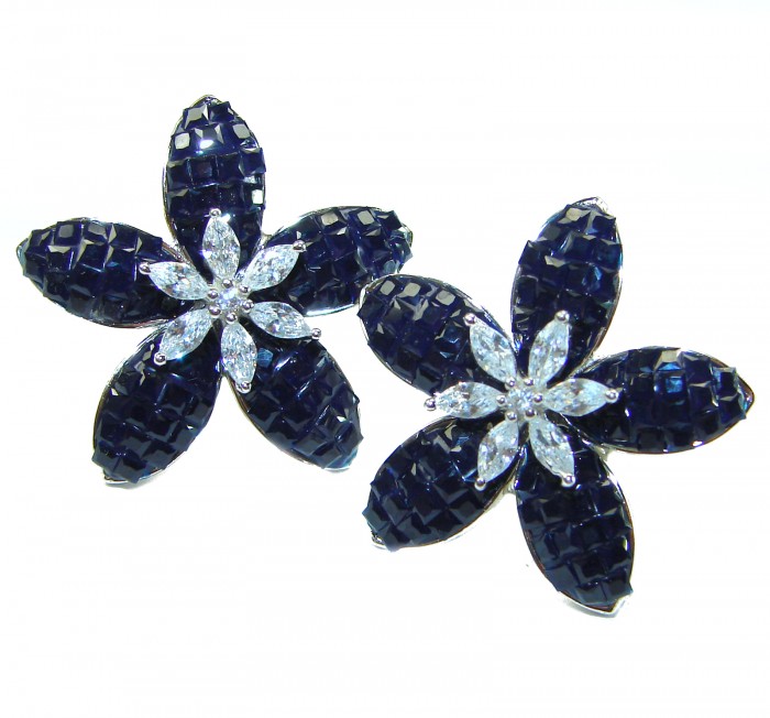 Incredible green Flowers genuine 10.5 CARAT Sapphire .925 Sterling Silver handcrafted Earrings - Front view of flower-shaped sapphire and diamond earrings.