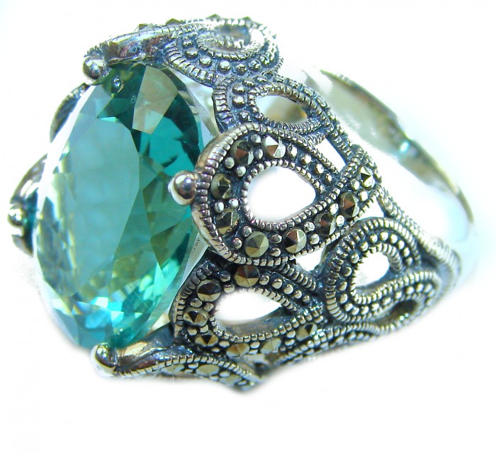 Massive Deep Blue 37.8 carat Aquamarine .925 Sterling Silver handcrafted Large ring size 7 - Close-up of aquamarine ring with intricate sterling silver details.