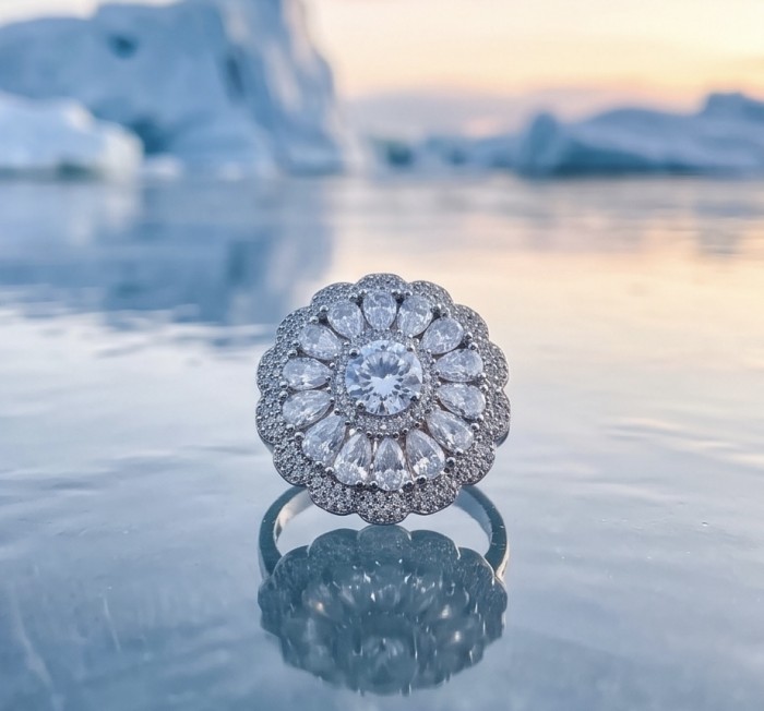 Giovanna - Precious 14.5 carta White Topaz rhodium over .925 Sterling Silver Statement ring size 7 1/4 - Close-up of Giovanna ring on reflective surface against icy backdrop.