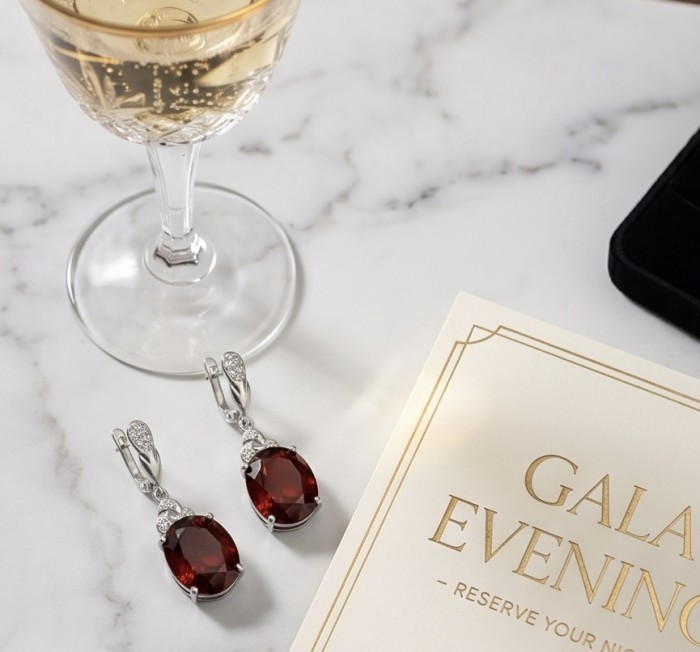Magnificent Jewel 10.5 carat Ruby .925 Sterling Silver handcrafted incredible earrings - Close-up of ruby earrings and invitation on marble surface