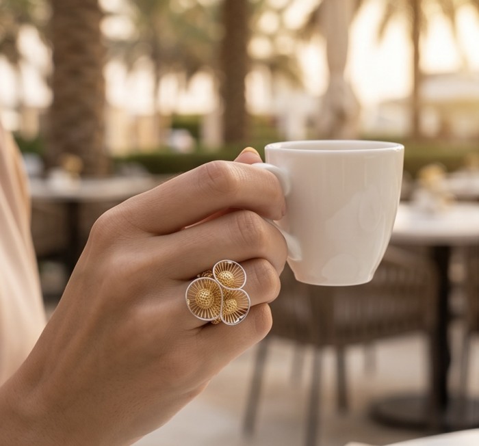 Dubai Style - .925 Sterling Silver dipped in 22K Gold handmade Large ring size 10 1/4 - Close-up of Dubai Style ring in gold on hand holding a cup outdoors.