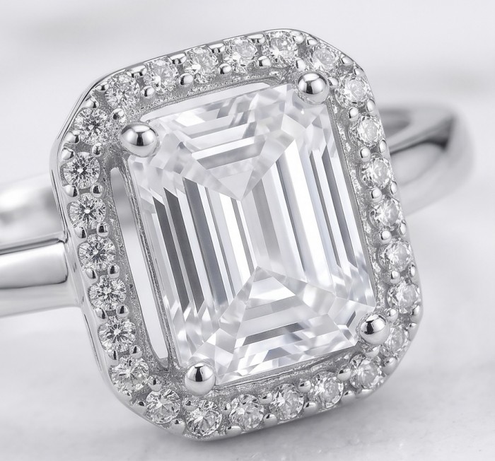 Esmeralda - Precious 4.5 carta White Topaz rhodium over .925 Sterling Silver Statement ring size 9 - Close-up of Esmeralda ring with 4.5 carat white topaz and diamond halo.
