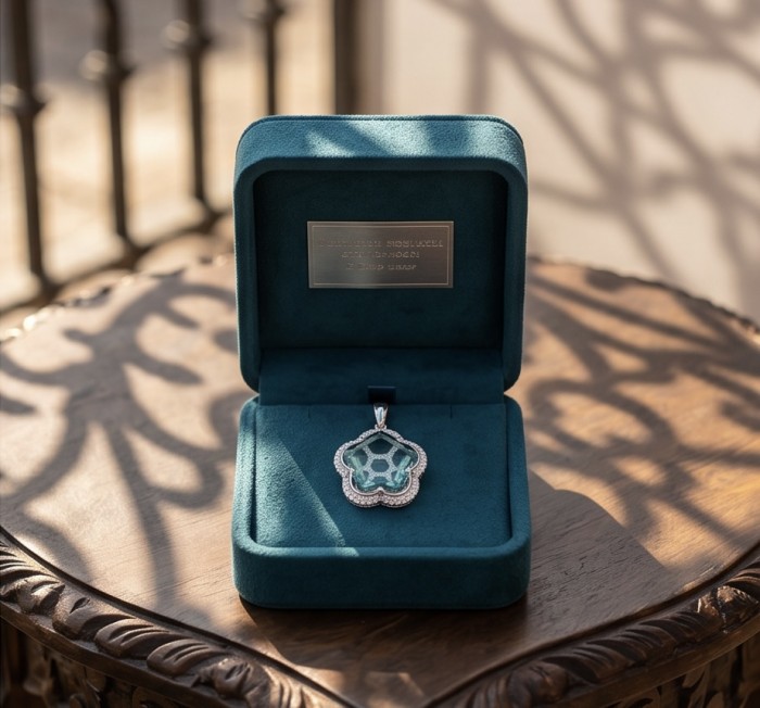 Rare Flower 7.2 carat GREEN GRANDIDIERITE .925 Sterling Silver handmade Pendant - Top view of green grandidierite pendant in open teal jewelry box.