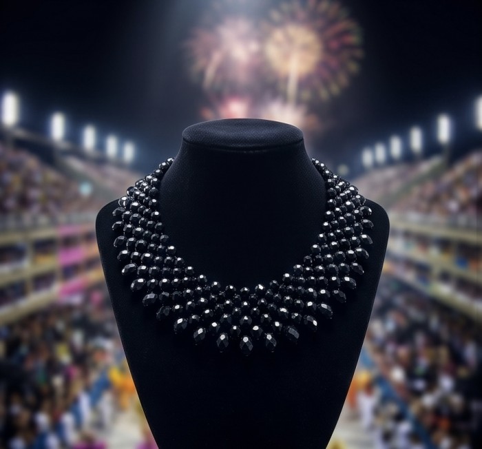 Rachel 250 carat Authentic Onyx .925 Sterling Silver handmade Necklace - Necklace on display with fireworks in background