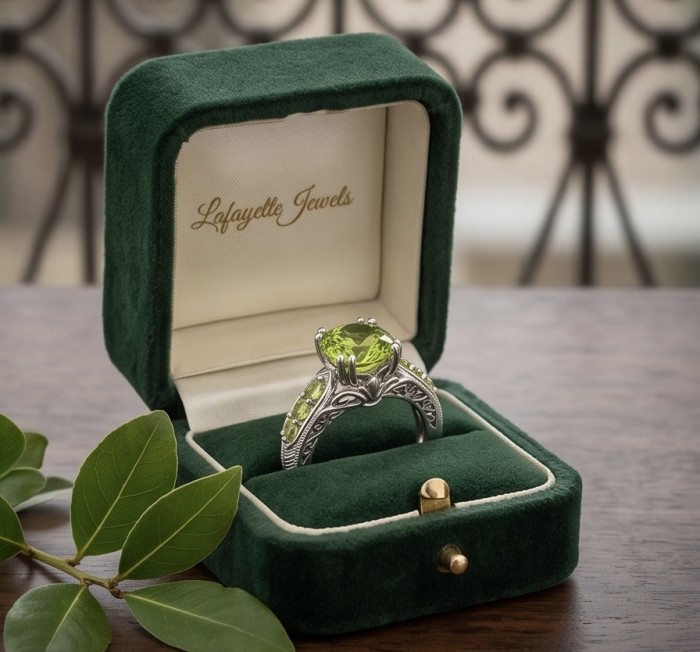 Royalty 4.9 carat authentic Himalayan Peridot .925 Sterling Silver Handcrafted Statement Ring size 8 - Engagement ring in box with green peridot, front view.