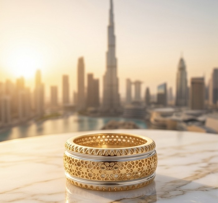 Secret code Precious Natural two tones 18K Gold over .925 Sterling Silver ring size 7 - Gold ring with detailed pattern, city skyline background