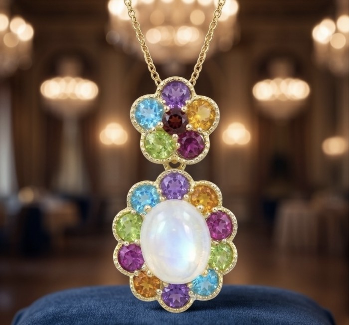 Genuine 7.2 carat Fire Moonstone 14K Gold over .925 Sterling Silver handcrafted pendant - Close-up of gemstone necklace with moonstone and colorful accents.