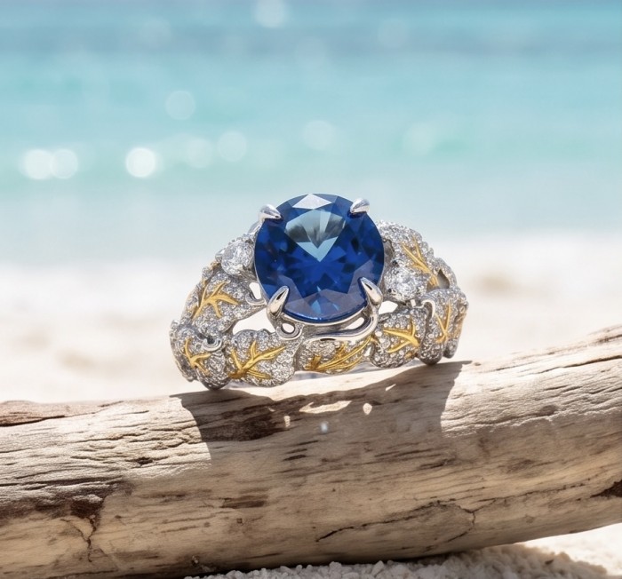 Precious Design oval cut 9.9 CARAT Tanzanite 18K Gold over .925 Sterling Silver Statement Ring s. 6 1/4 - Close-up of Tanzanite ring with intricate gold and silver details.