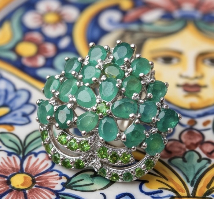 Giovanna - Authentic 10.9 carat COLOMBIAN EMERALD .925 Sterling Silver dipped in rhodium handcrafted earrings - Close-up of emerald cluster ring on colorful floral background