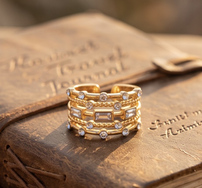 Luxurious 3.8 carat White Topaz Gold over .925 Sterling Silver handcrafted Statement Ring size 7 1/2 - Luxurious 3.8 ct White Topaz gold ring close-up on a leather journal