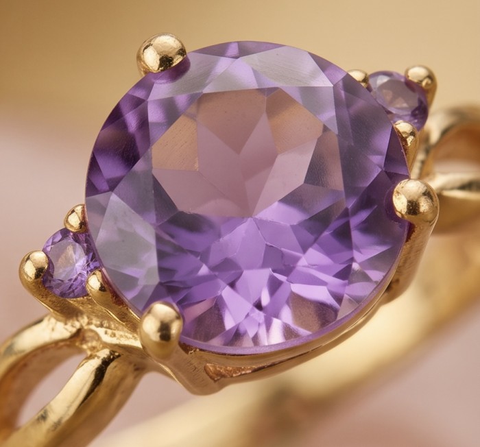 3.8 carat Amethyst 18K Gold over .925 Sterling Silver Handcrafted Ring size 8 - Close-up of amethyst ring in 18K gold over sterling silver band