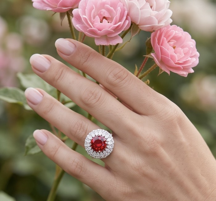 Scarlett 27.4 ctw oval cut Mozambique Ruby .925 Sterling Silver handcrafted Statement Ring size 7 - Ruby ring worn on hand, surrounded by pink roses