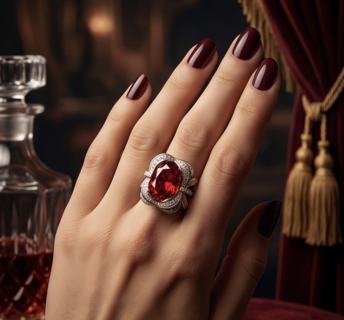 Royal Red 25.7 ctw oval cut Mozambique Ruby .925 Sterling Silver handcrafted Statement Ring size 7 3/4 - Hand wearing Royal Red 25.7 ctw oval Mozambique ruby ring