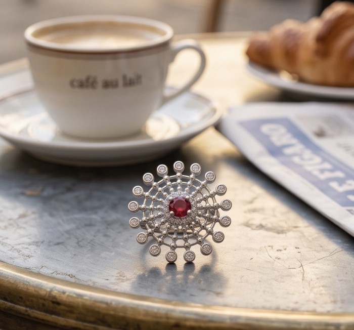 Bella Rosa Genuine 0.4 CARAT Ruby rhodium over .925 Sterling Silver Statement Ring size 7 - Close-up of Bella Rosa ruby ring on a cafe table with coffee and newspaper.