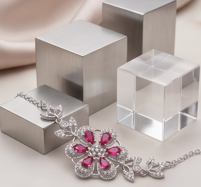 Izabella Luxurious natural 7.5 carat Ruby rhodium over .925 Sterling Silver handmade Bracelet - Ruby necklace with floral design displayed on metallic cubes.