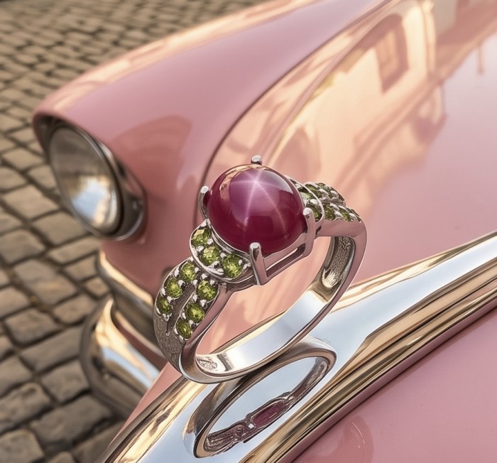 Scarlett 2.7 ctw Mozambique Ruby .925 Sterling Silver handcrafted Statement Ring size 5 - Close-up of Scarlett Mozambique Ruby ring on vintage pink car hood.