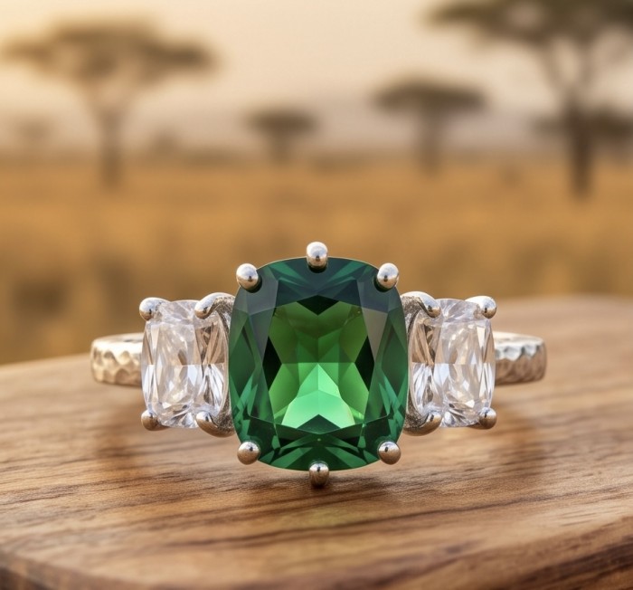 Giovanna- Authentic 7.5 CARAT natural Colombian Emerald .925 Sterling Silver dipped in Rhodium handcrafted Ring size 7 - Close-up of Giovanna ring with Colombian emerald and two side stones.