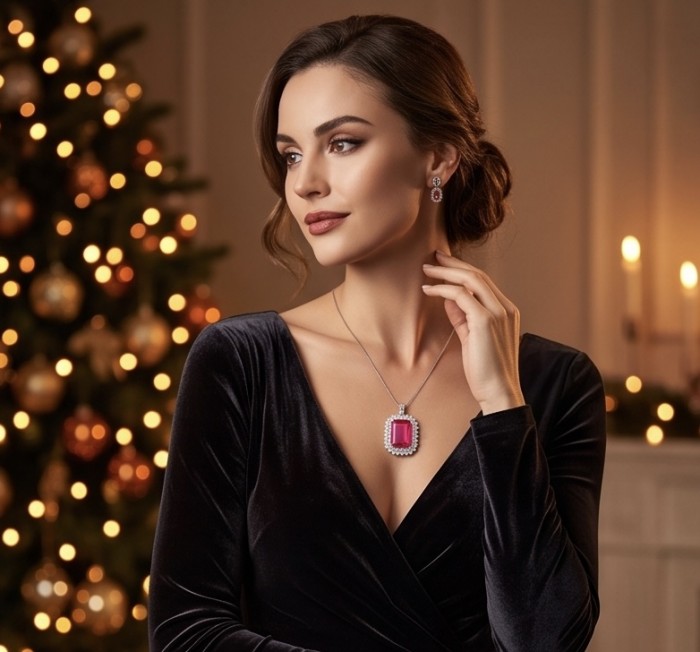 Rare finding! Deluxe 51.2 carat authentic emerald cut Kashmir Ruby rhodium over .925 Sterling Silver handmade Statement Pendant - Model wearing deluxe 51.2 carat emerald cut pendant with festive backdrop