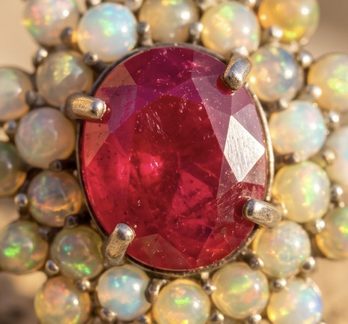 King of Gems Genuine 8.9 CARAT Mozambique Star Ruby 4.8 carat Fire Opal rhodum over .925 Sterling Silver Large Statement Ring size 7 1/4 - Close-up of genuine 8.9-carat Mozambique star ruby with opal accents.