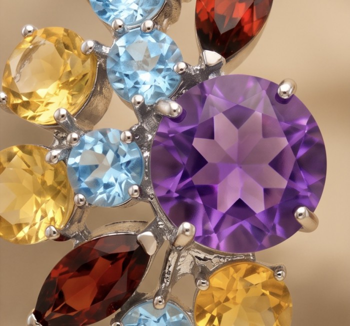 Natural 10.6 carat Fancy cut Amethyst rhodium over .925 Sterling Silver handmade earrings - Close-up of colorful gemstone cluster in silver setting.