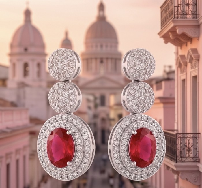 Vintage style - Giovanna - 4.8 carat Red .925 Sterling Silver handcrafted earrings - Close-up of vintage-style earrings with red stones and diamonds